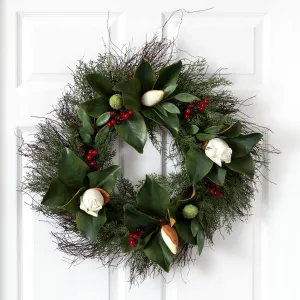 20” Cedar, Ruscus and Magnolia with Berries Artificial Wreath