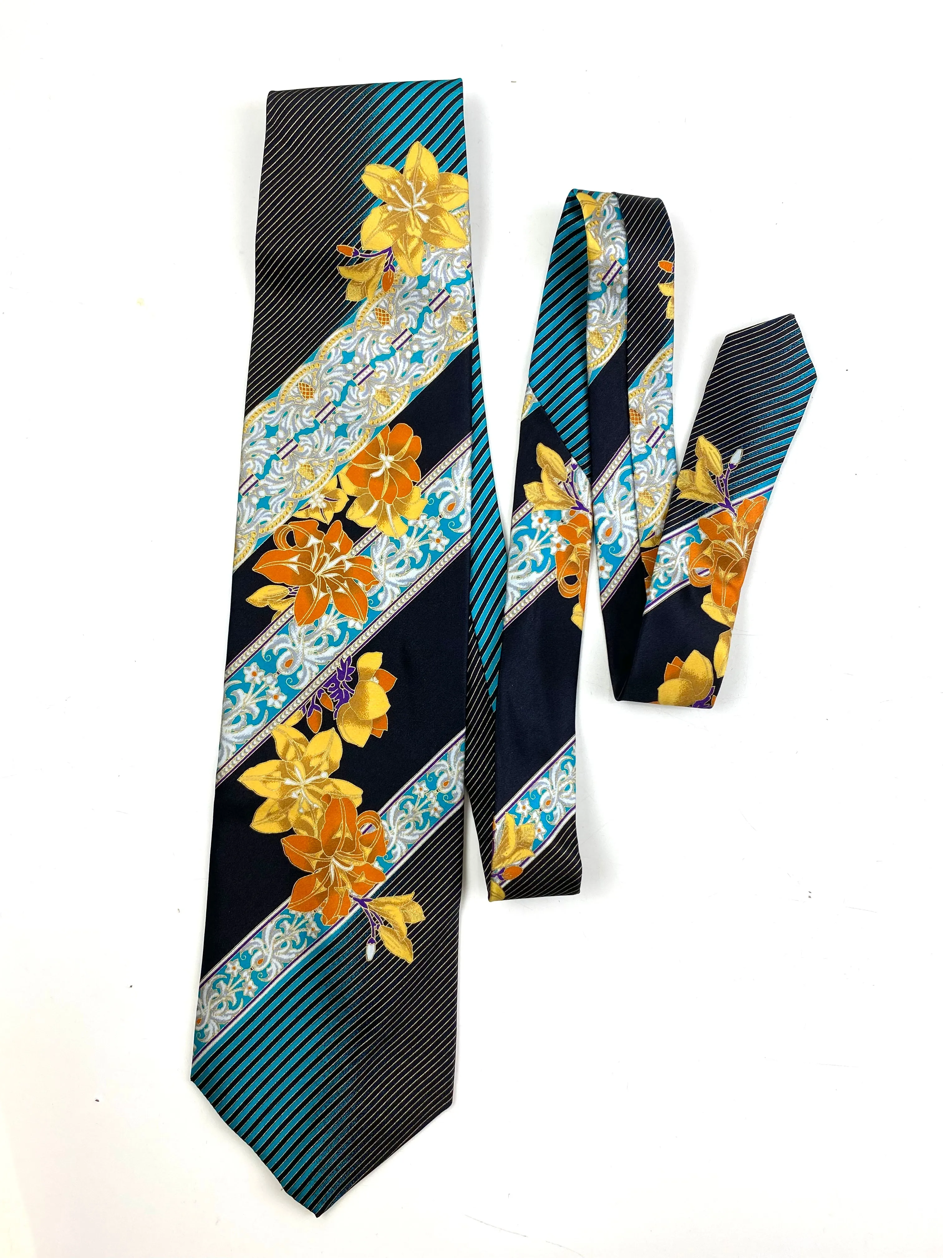 90s Deadstock Silk Necktie, Men's Vintage Black/ Gold/ Turquoise Floral Pattern Tie, NOS