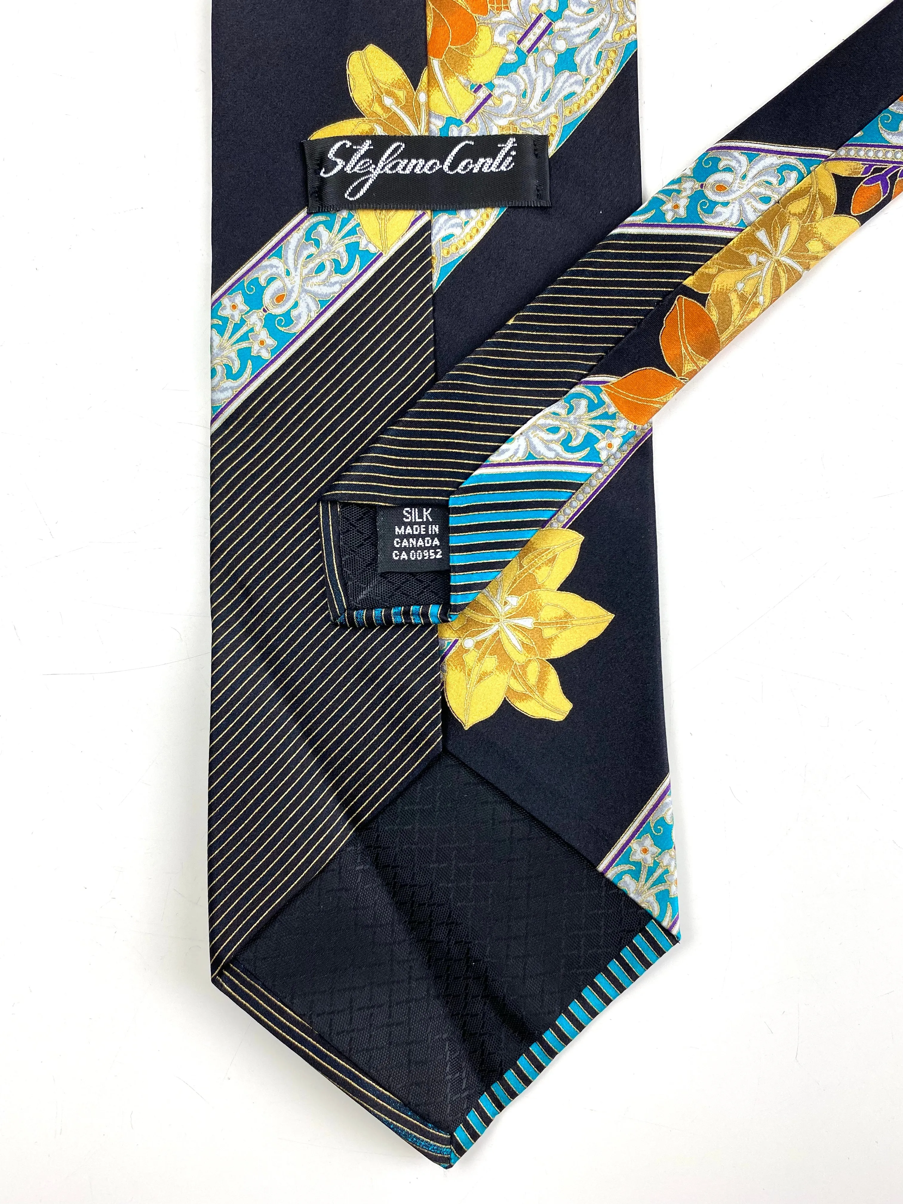 90s Deadstock Silk Necktie, Men's Vintage Black/ Gold/ Turquoise Floral Pattern Tie, NOS