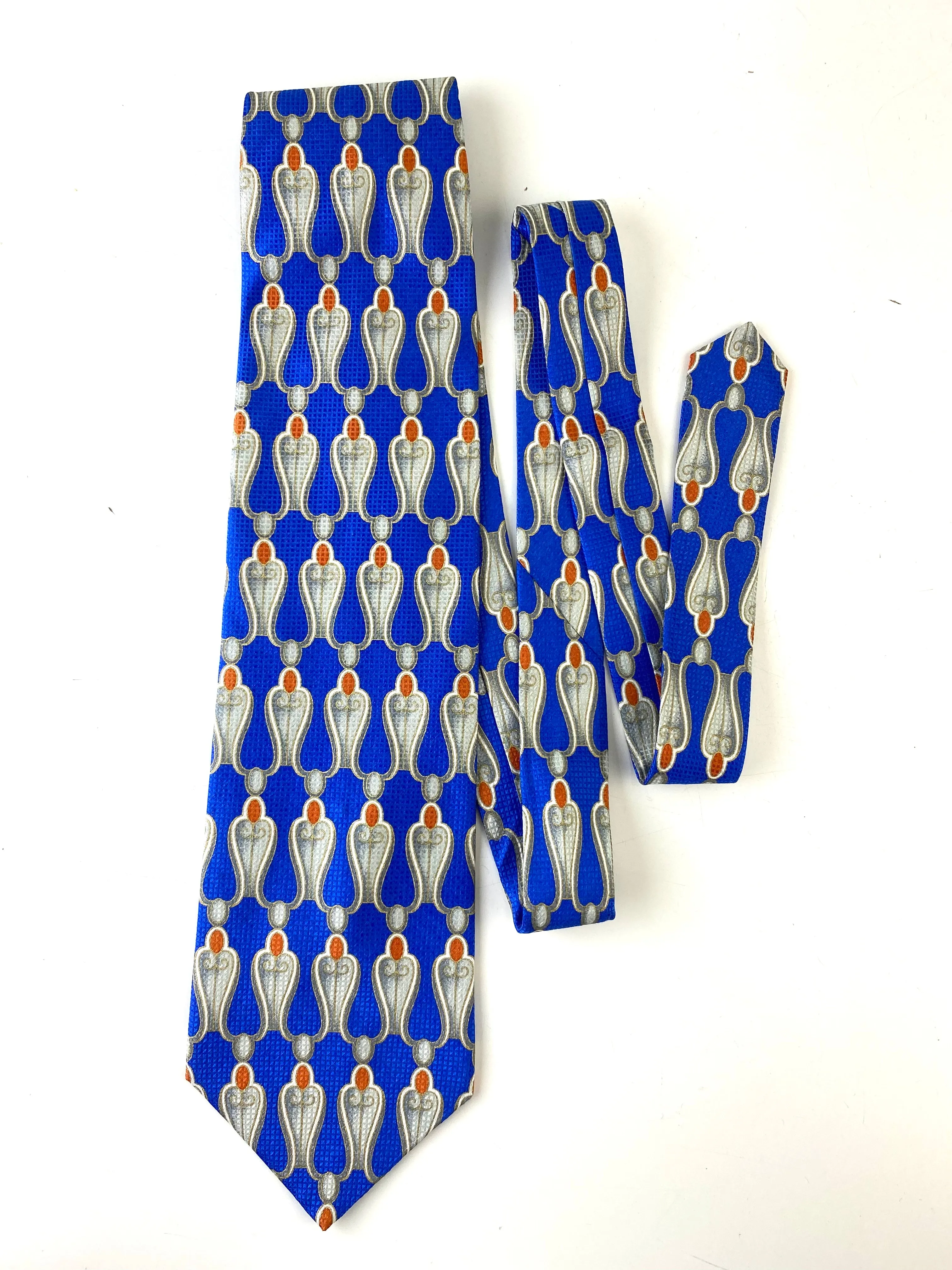 90s Deadstock Silk Necktie, Men's Vintage Blue/Silver/Gold Art Deco Pattern Tie, NOS