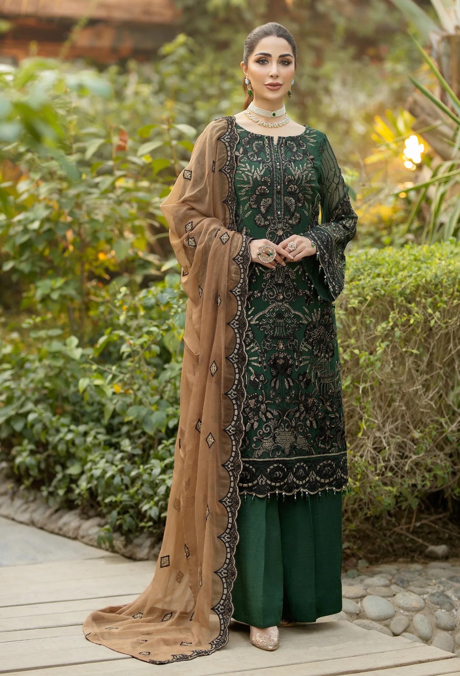 Adan's Libas Wisteria Embroidered Chiffon Collection – Viridian Green