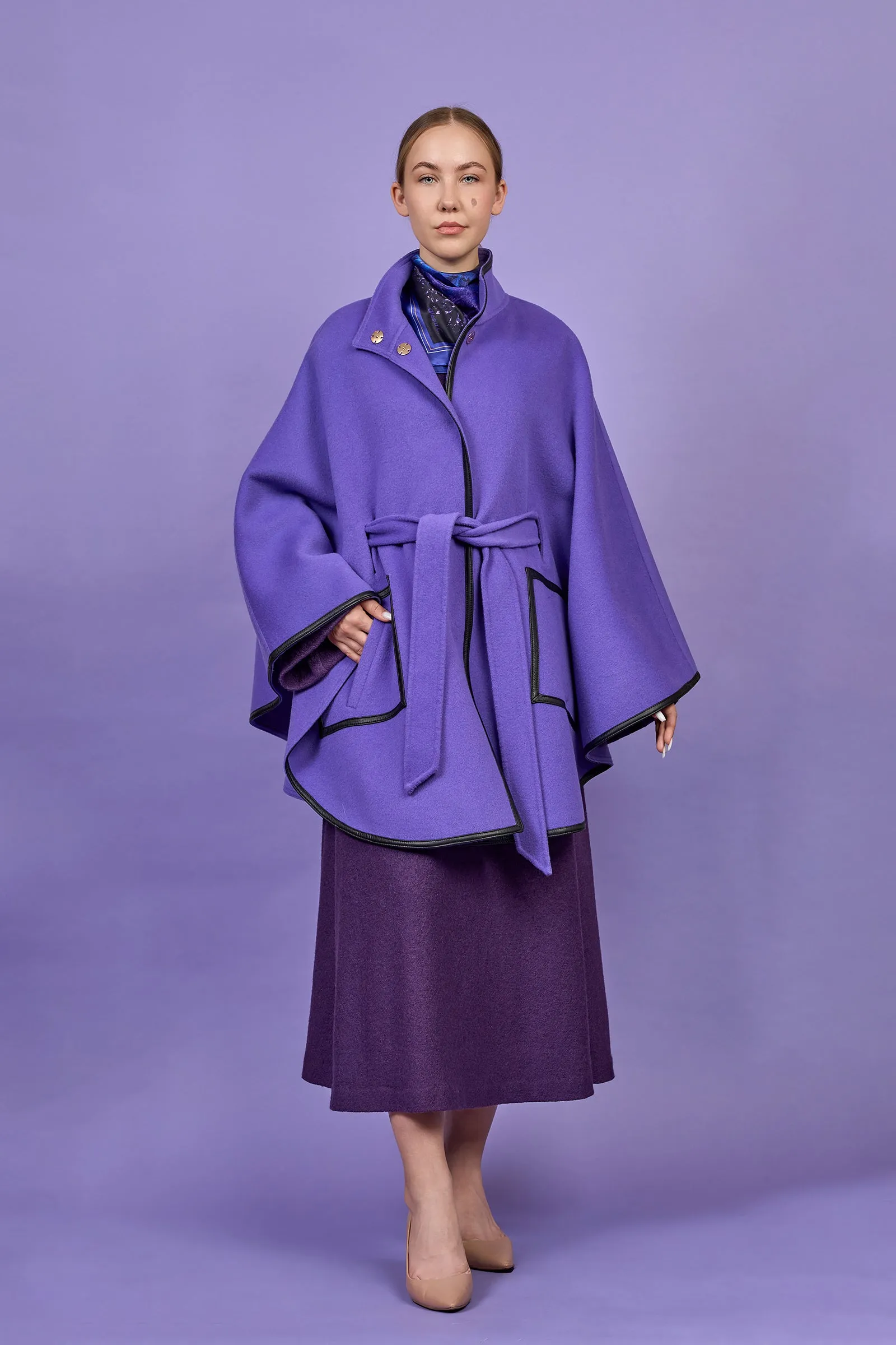 ALICE Purple Belted Cape Coat in Virgin Wool Cashmere Black Leather