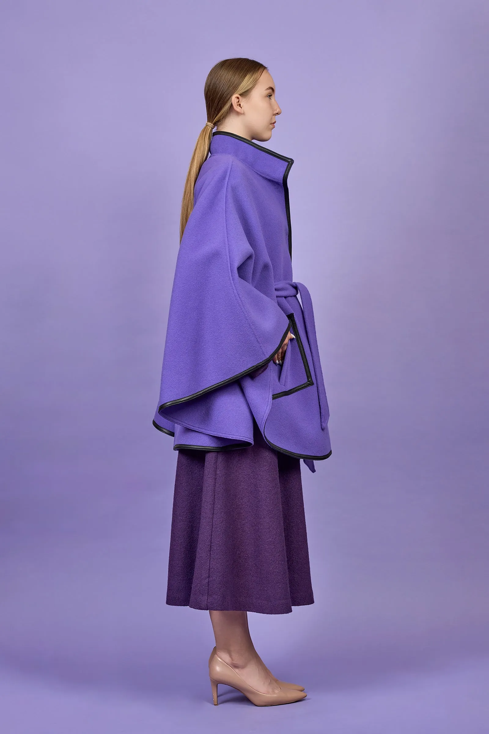 ALICE Purple Belted Cape Coat in Virgin Wool Cashmere Black Leather