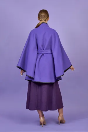 ALICE Purple Belted Cape Coat in Virgin Wool Cashmere Black Leather