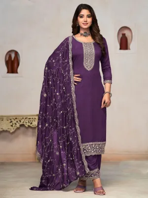 Beautiful Purple Vichitra Silk Fancy Salwar Suit