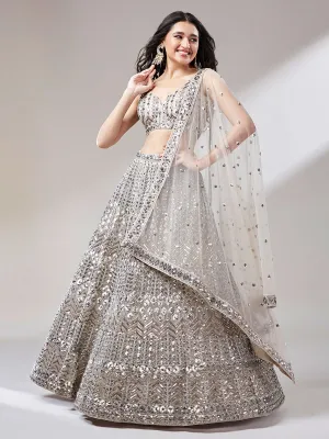 Beige Net Mirror and Sequins Embroiderey Semi-Stitched Lehenga choli