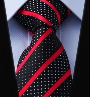 Black Dotted Extra Long Tie with Red Stripes