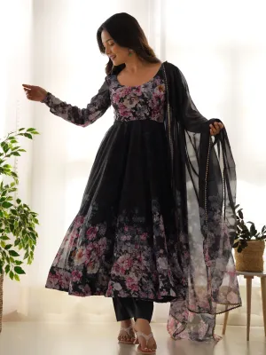 Black Heavy Pure Soft Organza Silk Print With Micro Cotton Inner Anarkali Dress