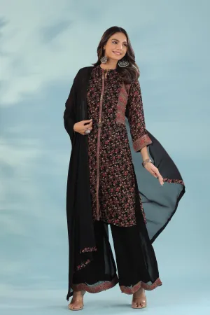 Black Printed Georgette Silk Kurta with Palazzo Set