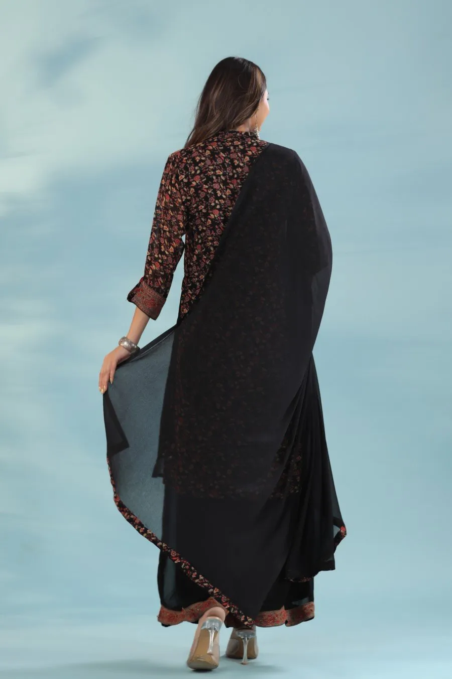 Black Printed Georgette Silk Kurta with Palazzo Set