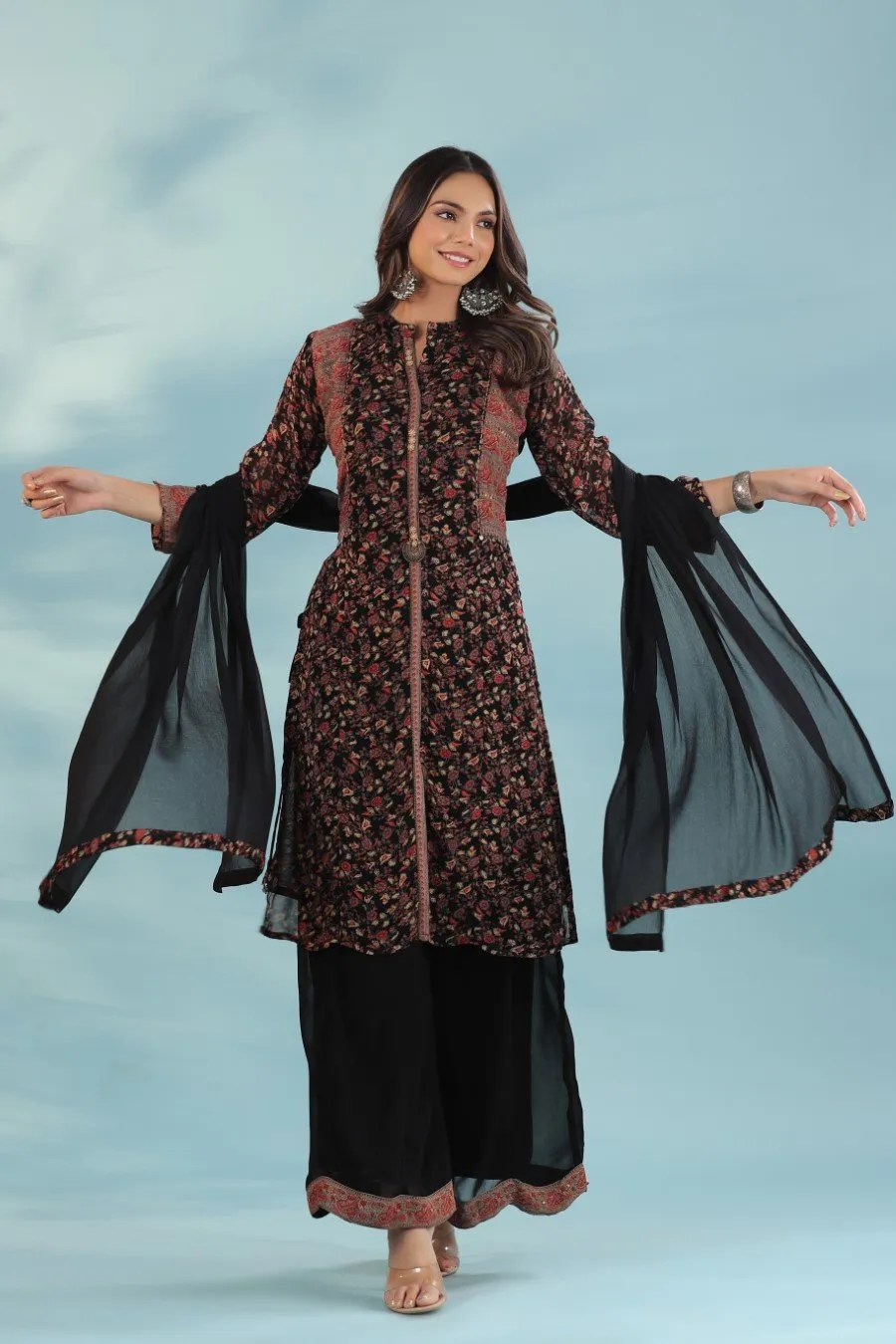 Black Printed Georgette Silk Kurta with Palazzo Set