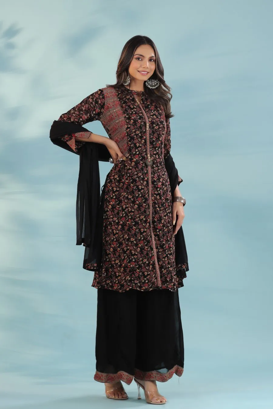 Black Printed Georgette Silk Kurta with Palazzo Set