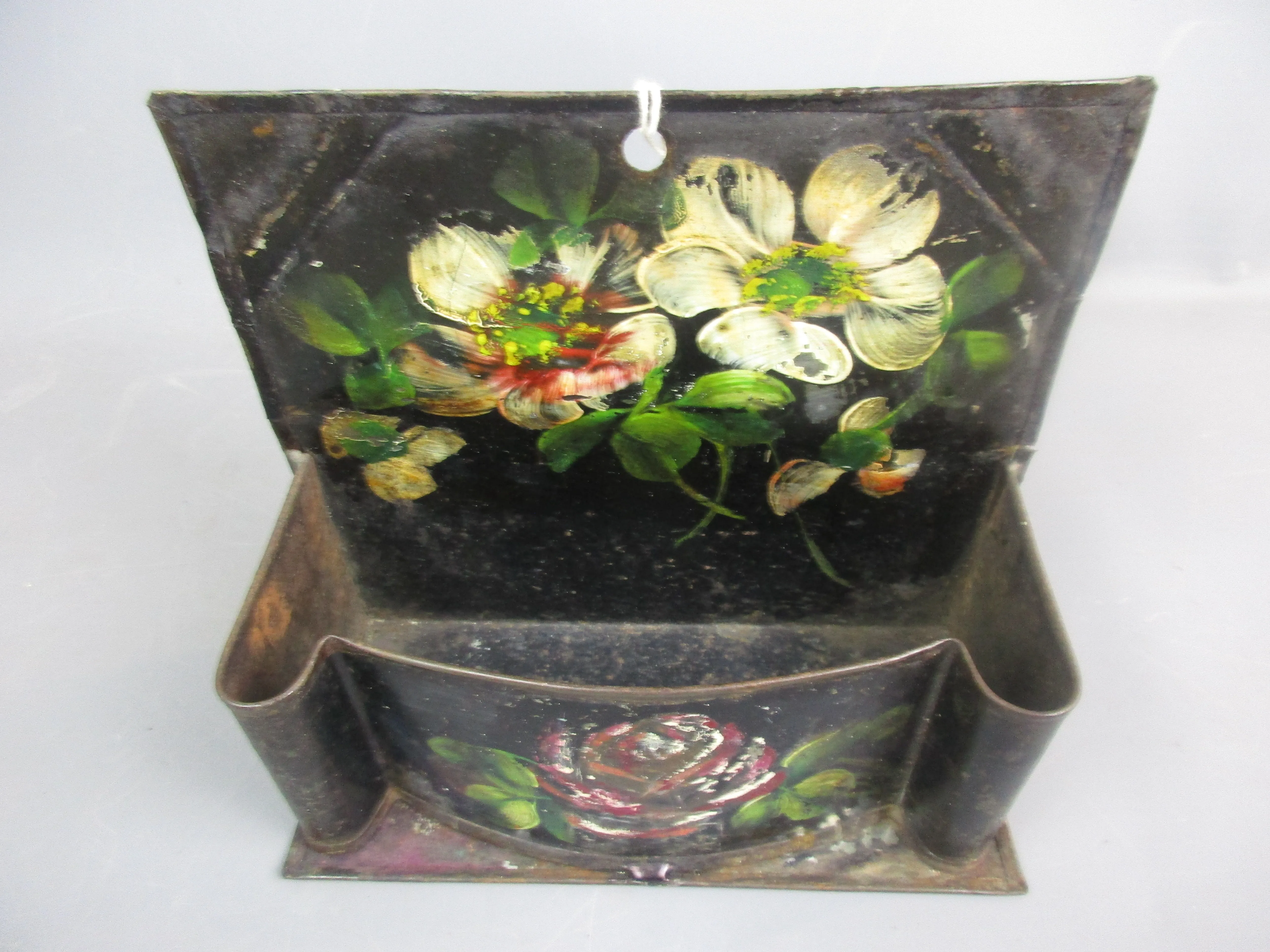 Black Toleware Hand Painted Floral Design Wall Pocket Vintage c1950