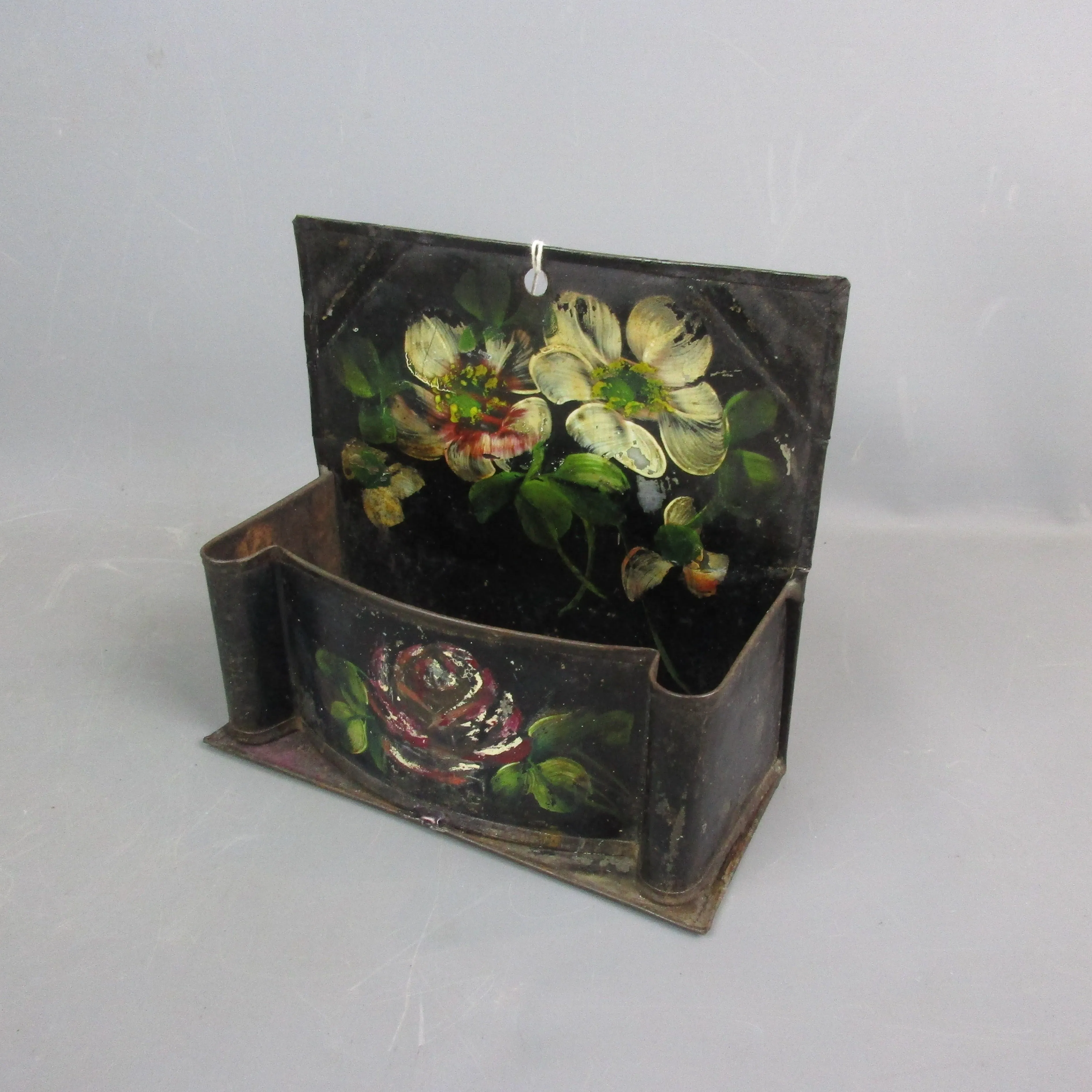 Black Toleware Hand Painted Floral Design Wall Pocket Vintage c1950