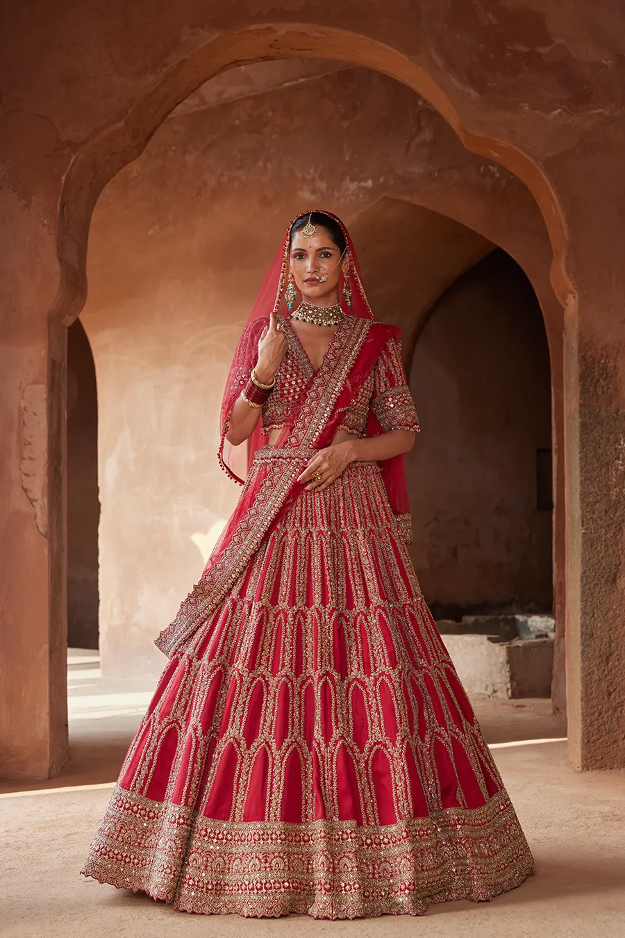 BLOOD RED ZARDOZI WORK RAW SILK LEHENGA CHOLI