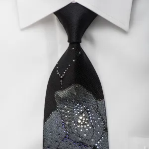 Charles Jourdan Rhinestone Silk Necktie Floral On Balck With Silver Sparkles