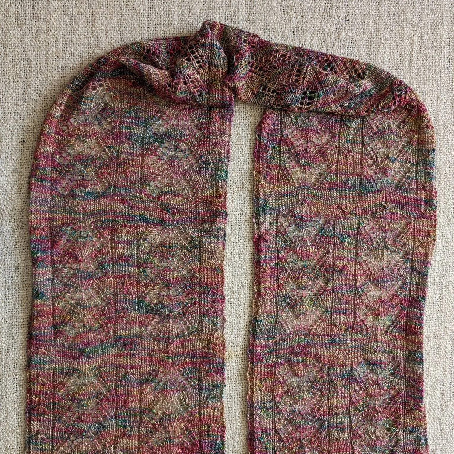 Chevron pattern hand-knitted lace scarf