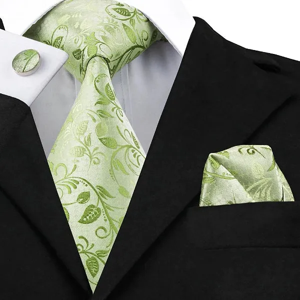 Classy Men Green Rose Leaves Floral Silk Tie