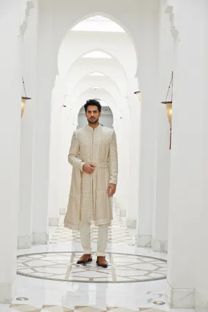 CREAM RAW SILK SHERWANI KURTA TROUSER SET