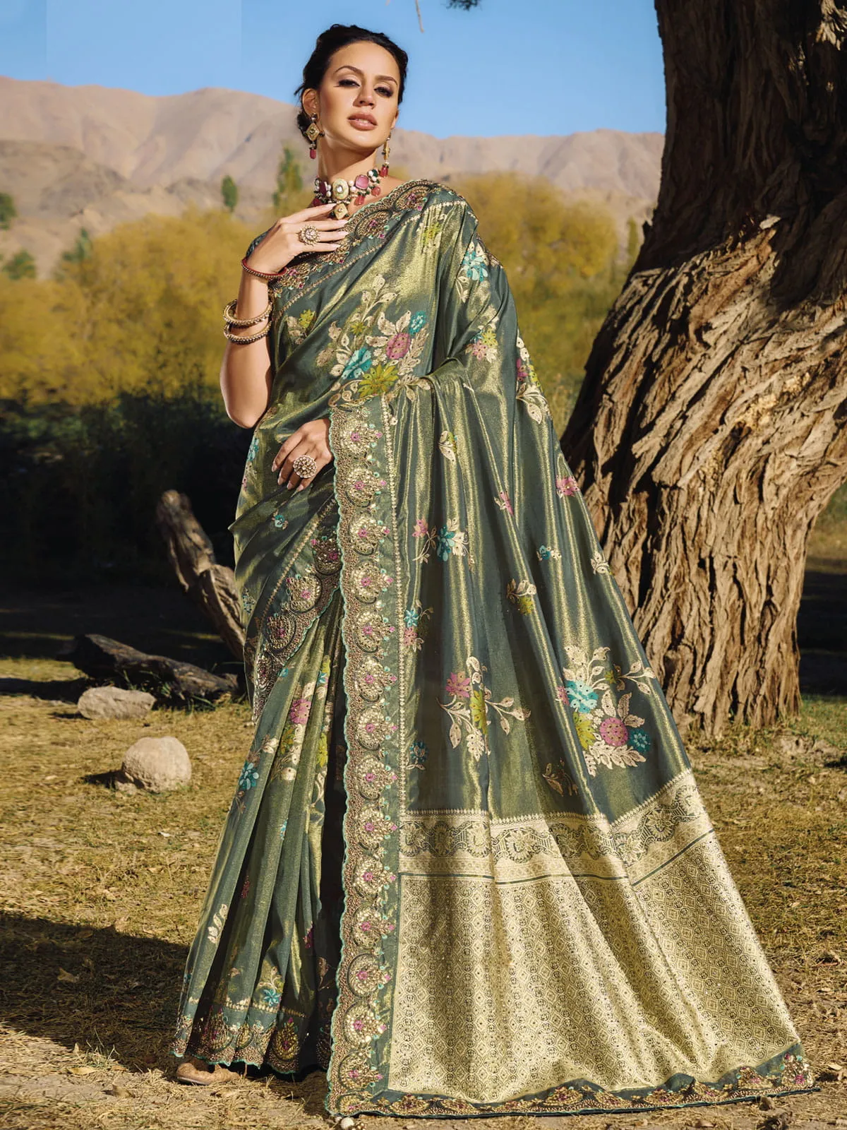 Dark Green Embroidery Banarasi Silk Saree