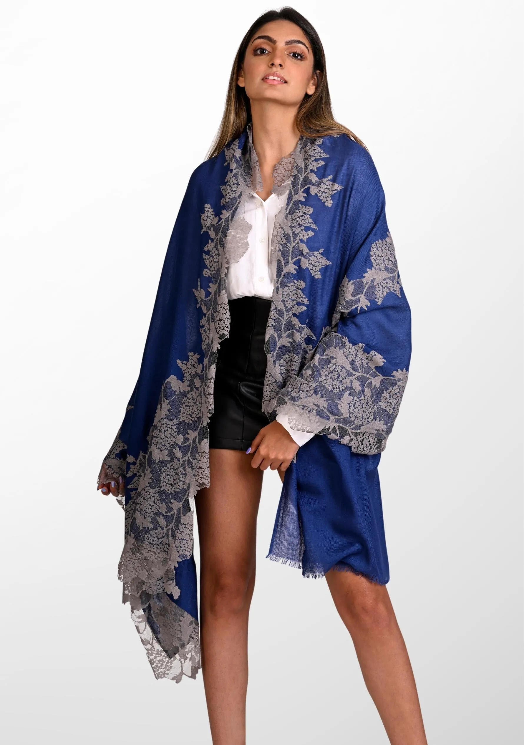 Denim Blue Silk And Wool Scarf with a Mousse Lace Application