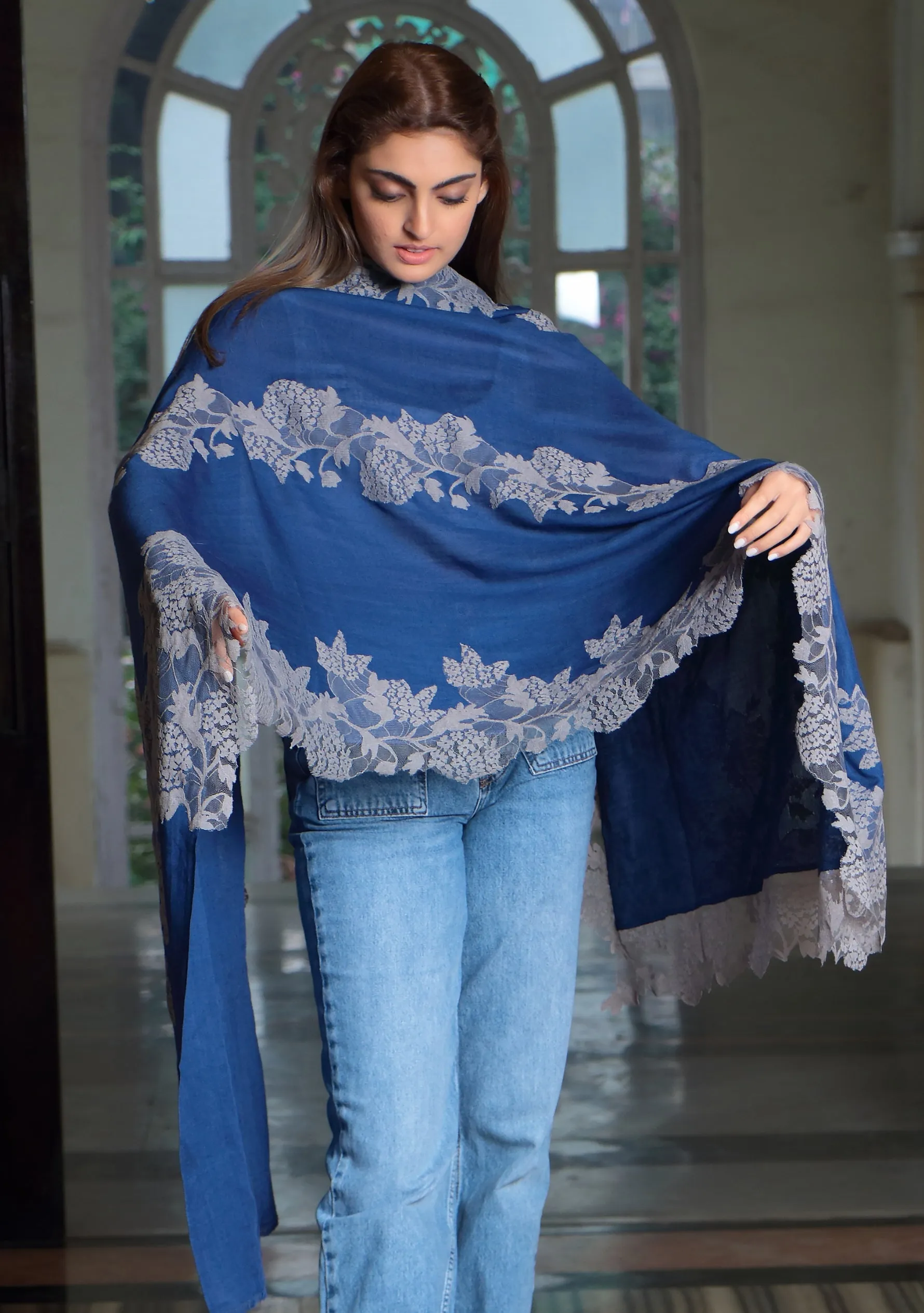 Denim Blue Silk And Wool Scarf with a Mousse Lace Application