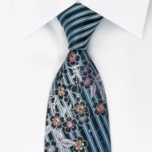 DNSK Rhinestone Silk Necktie Floral Striped On Blue With Silver Sparkles