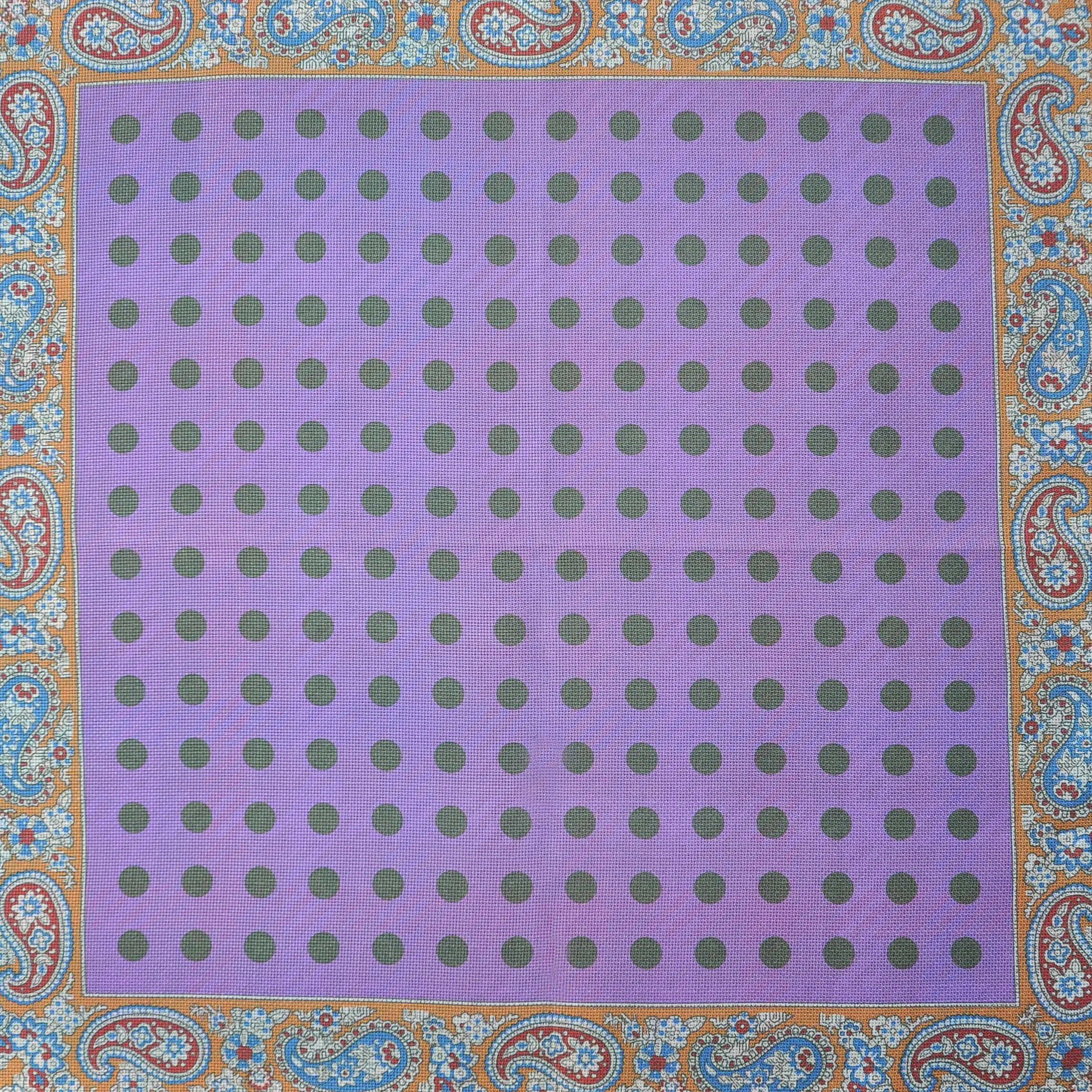 Dots, Checks & Paisley Reversible Panama Silk Pocket Square in Brown, Purple & Green