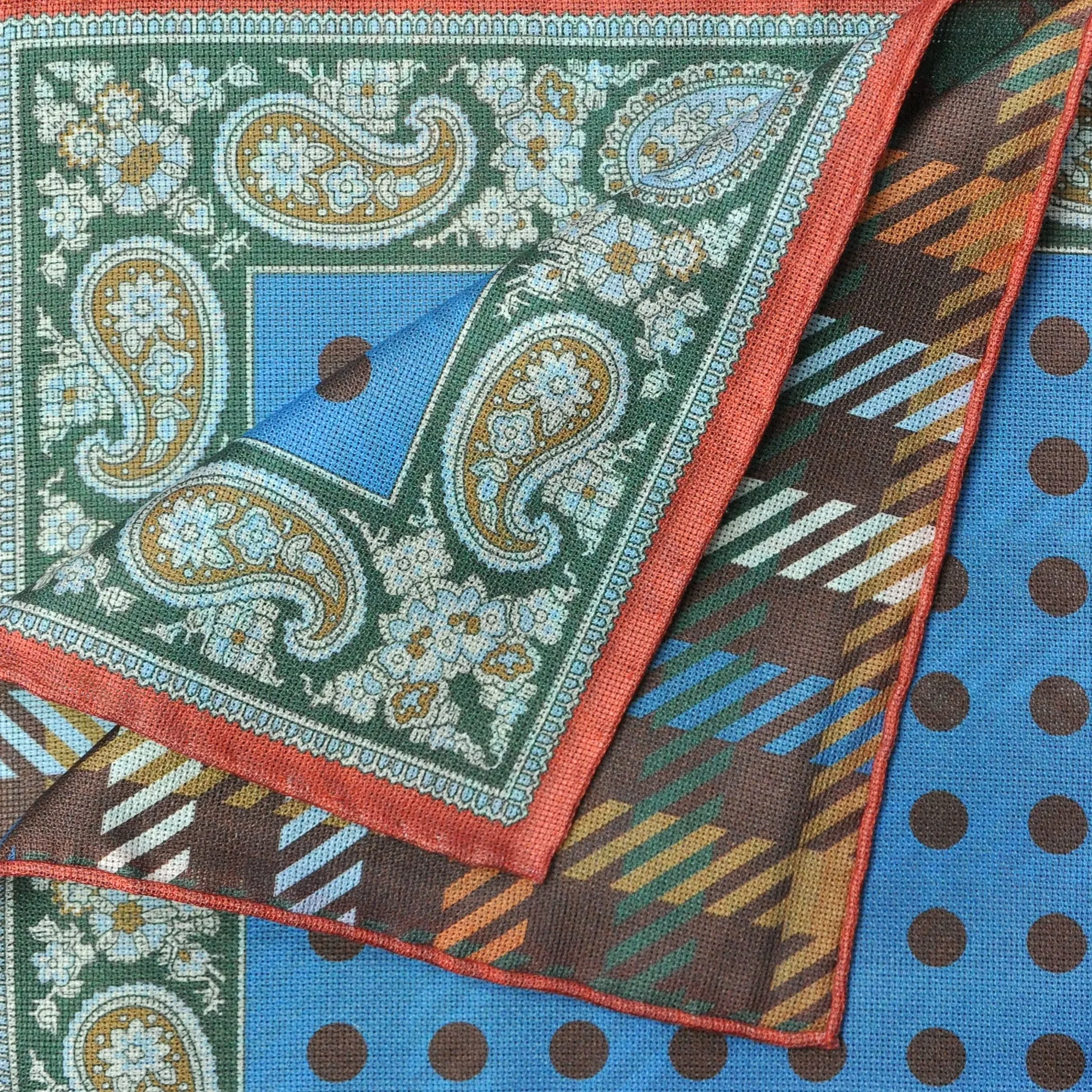 Dots, Checks & Paisley Reversible Panama Silk Pocket Square in Green, Blue & Brown