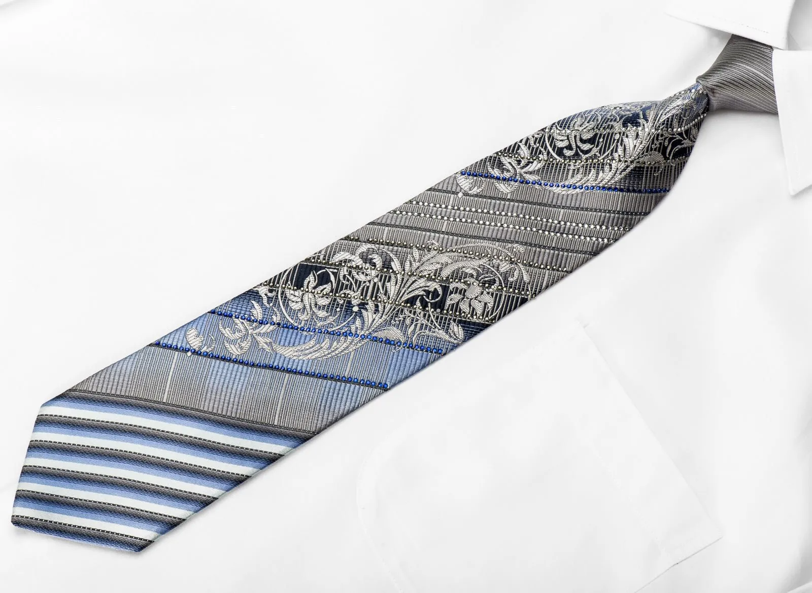 Elle Homme Men's Crystal Rhinestone Necktie Silver Blue Striped & Acanthus On Navy With Sparkles