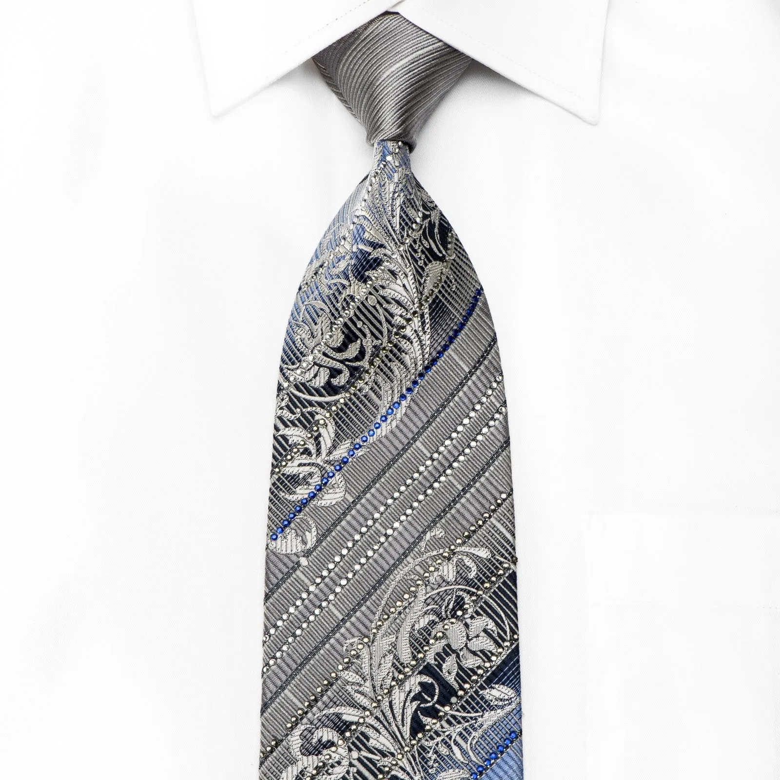 Elle Homme Men's Crystal Rhinestone Necktie Silver Blue Striped & Acanthus On Navy With Sparkles