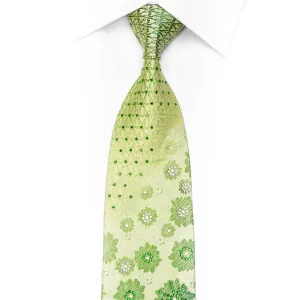 Floral On Green Rhinestone Silk Necktie With Silver Sparkles