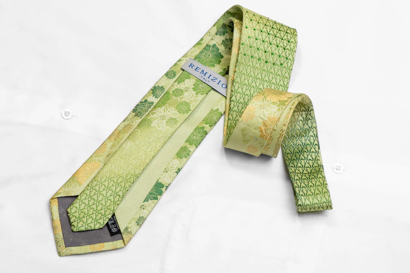 Floral On Green Rhinestone Silk Necktie With Silver Sparkles