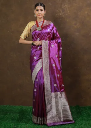 French Purple Hand Woven Pure Katan Silk Saree