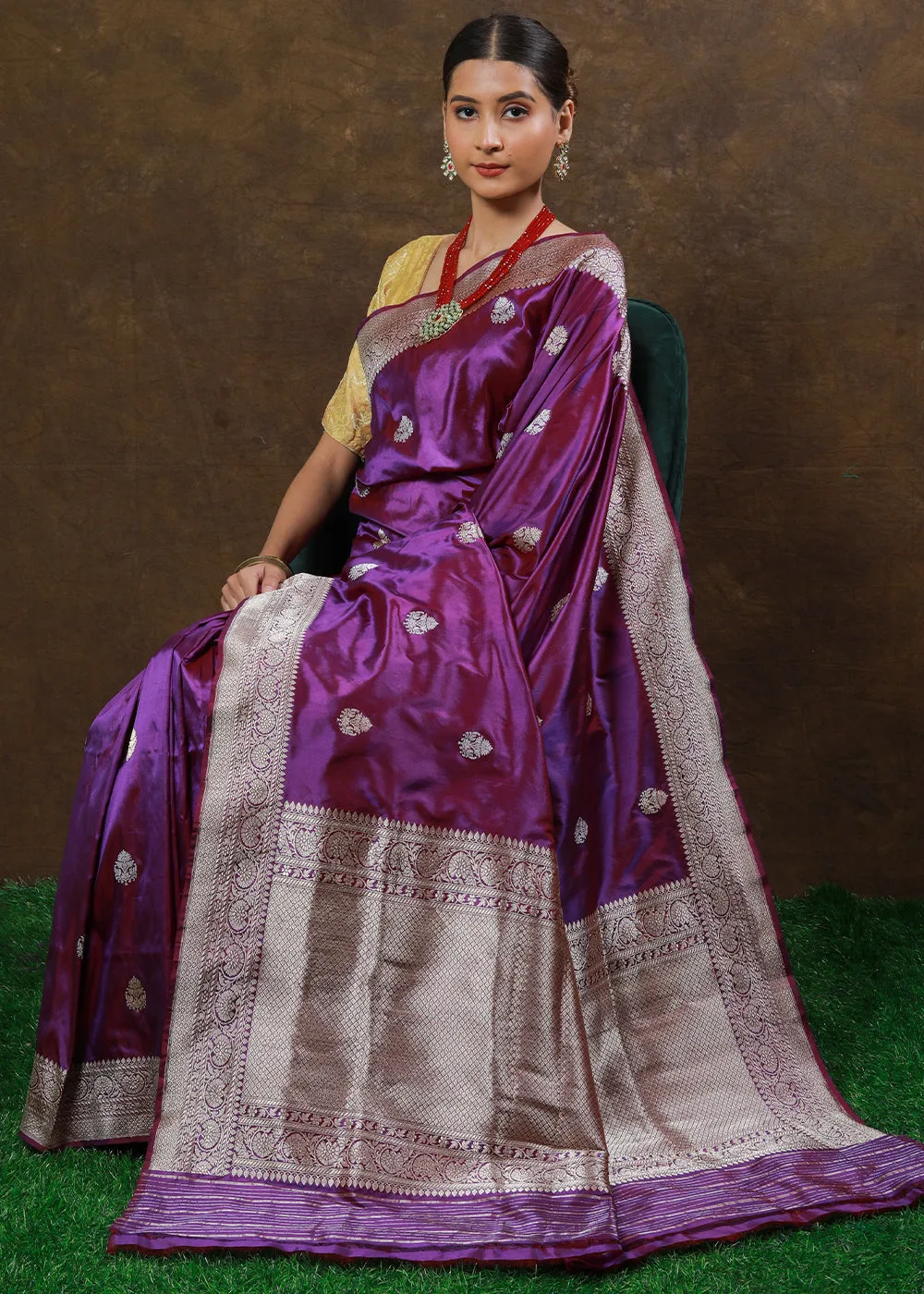 French Purple Hand Woven Pure Katan Silk Saree