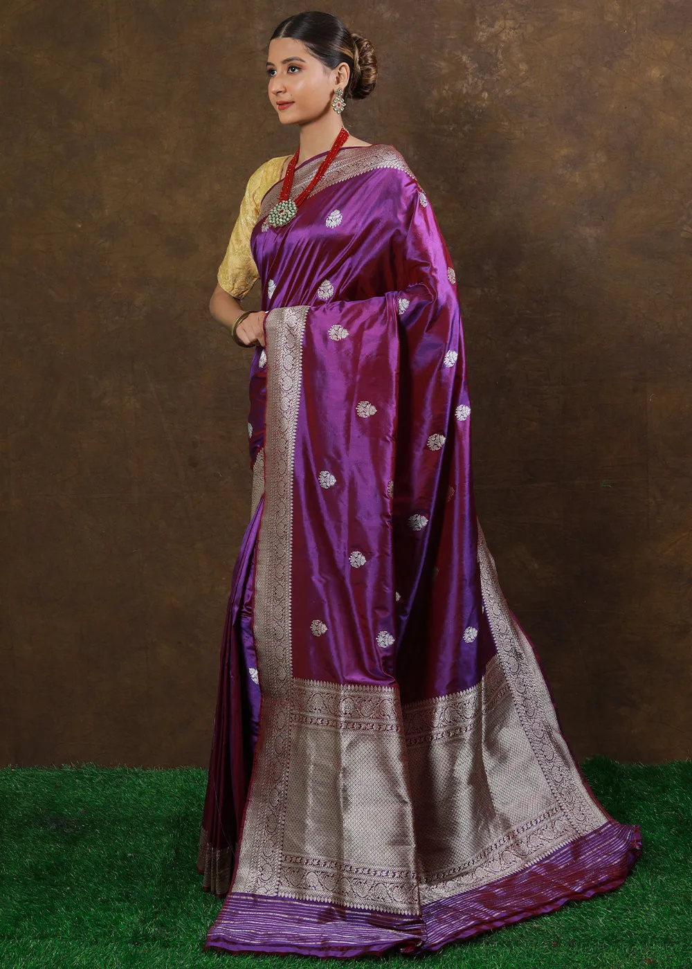 French Purple Hand Woven Pure Katan Silk Saree