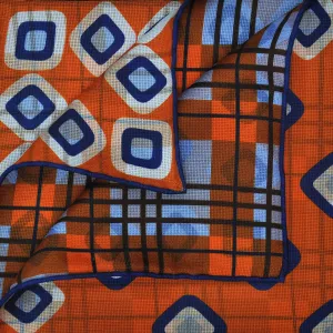 Geo's & Checks Reversible Panama Silk Pocket Square in Rusty Orange and Blues