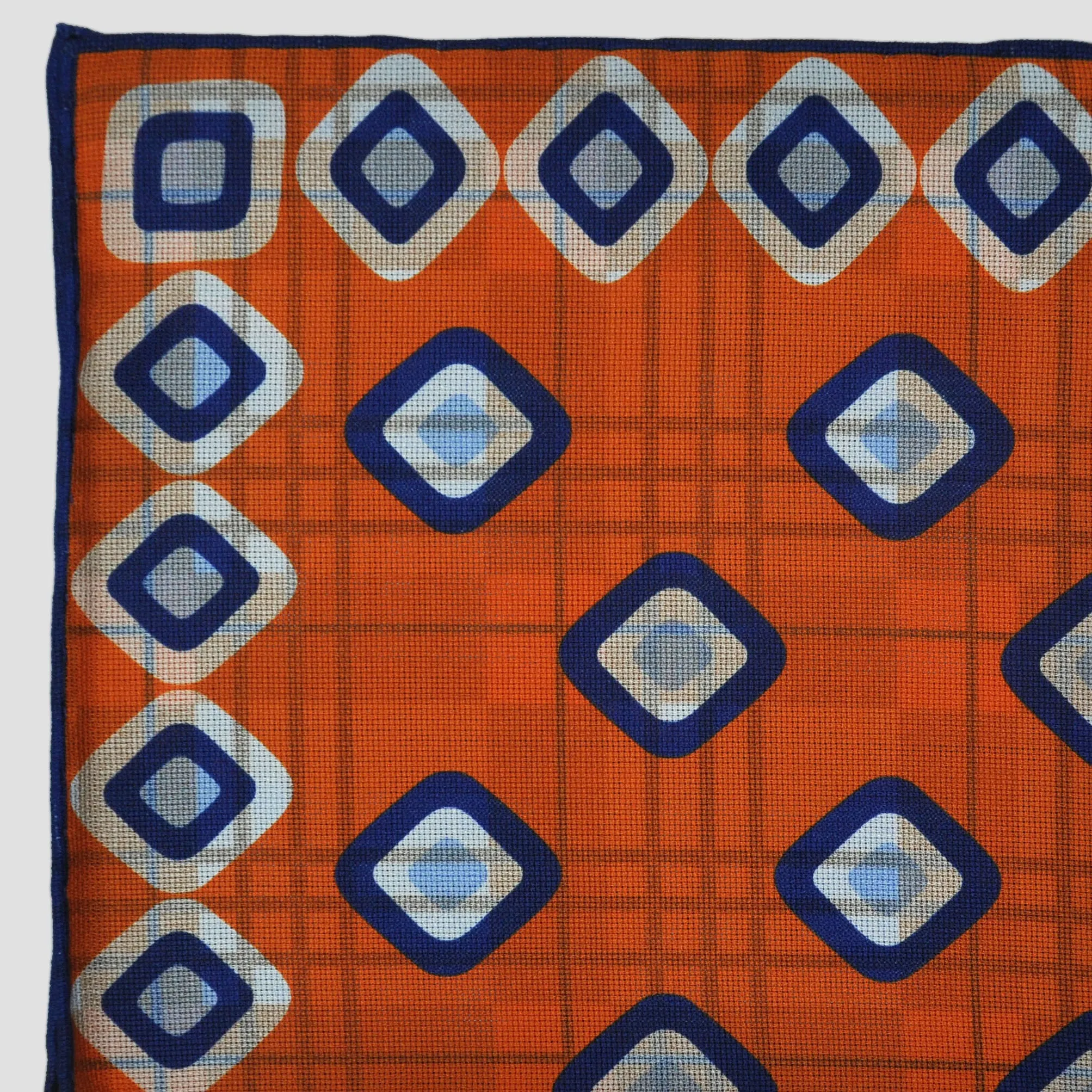 Geo's & Checks Reversible Panama Silk Pocket Square in Rusty Orange and Blues