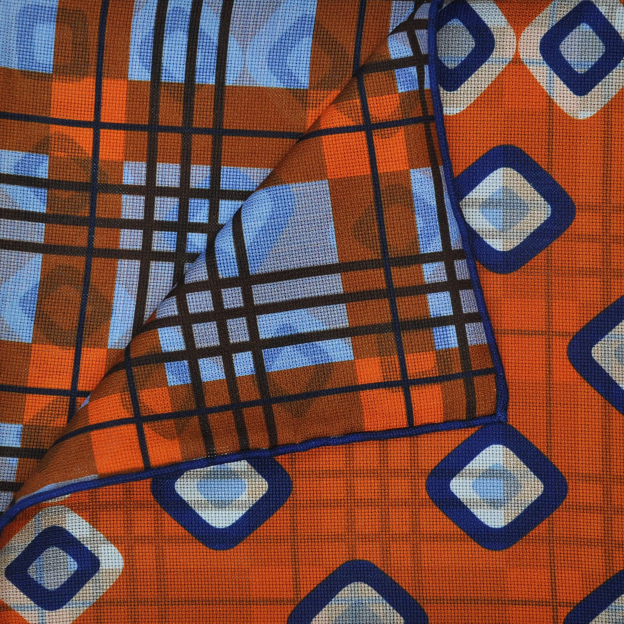 Geo's & Checks Reversible Panama Silk Pocket Square in Rusty Orange and Blues