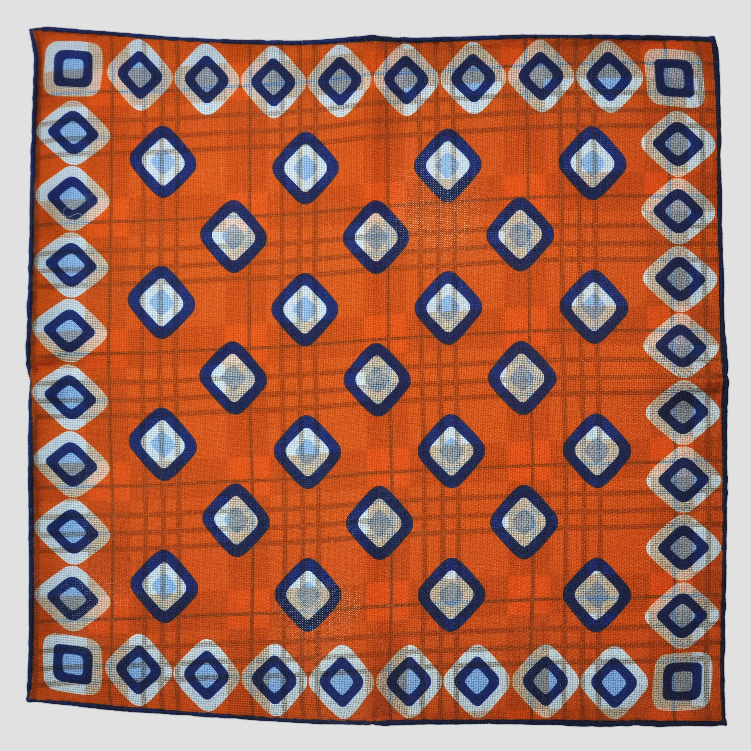 Geo's & Checks Reversible Panama Silk Pocket Square in Rusty Orange and Blues