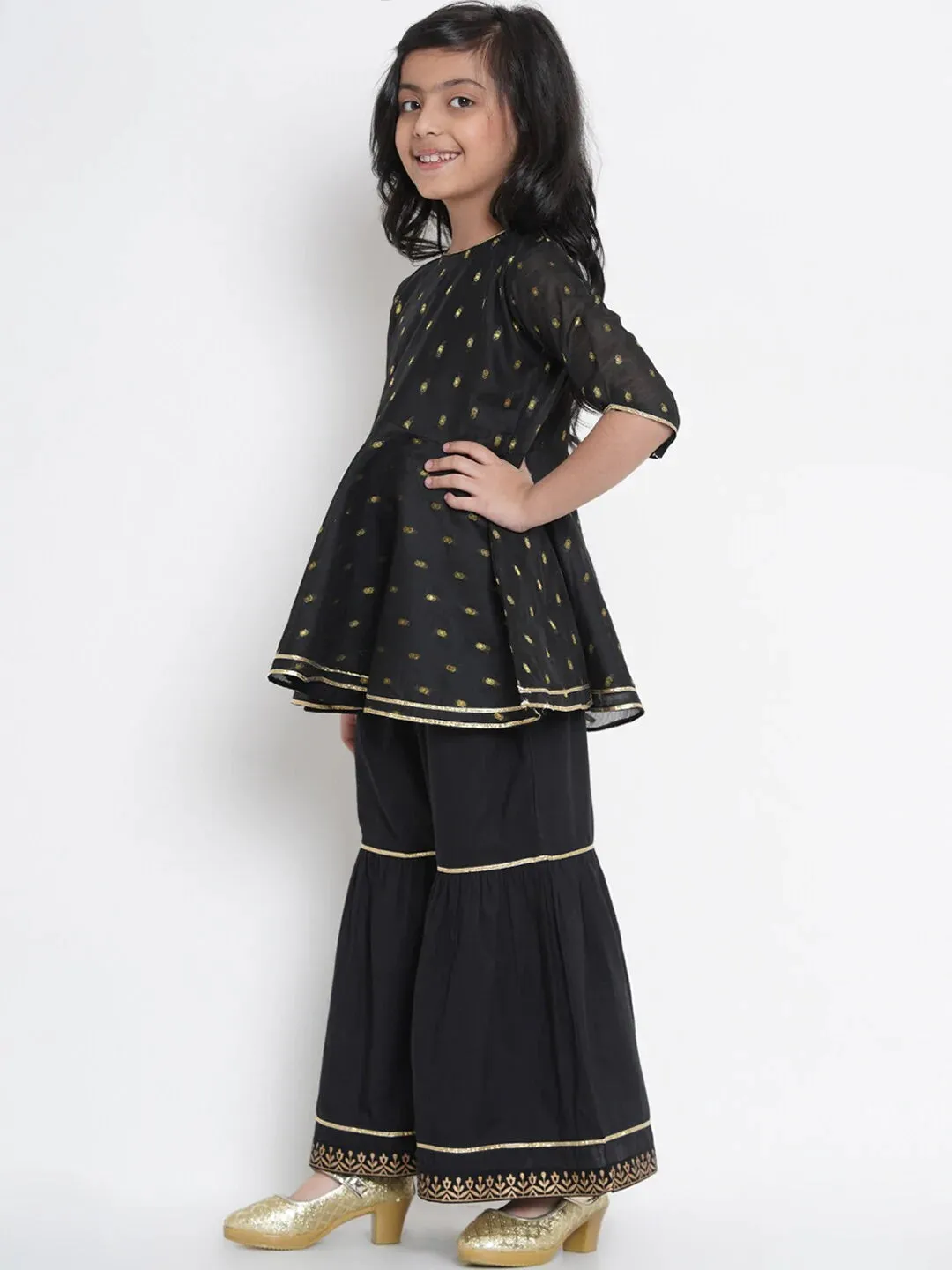 Girls Black & Gold-Coloured Woven Design Kurta With Sharara