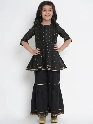 Girls Black & Gold-Coloured Woven Design Kurta With Sharara