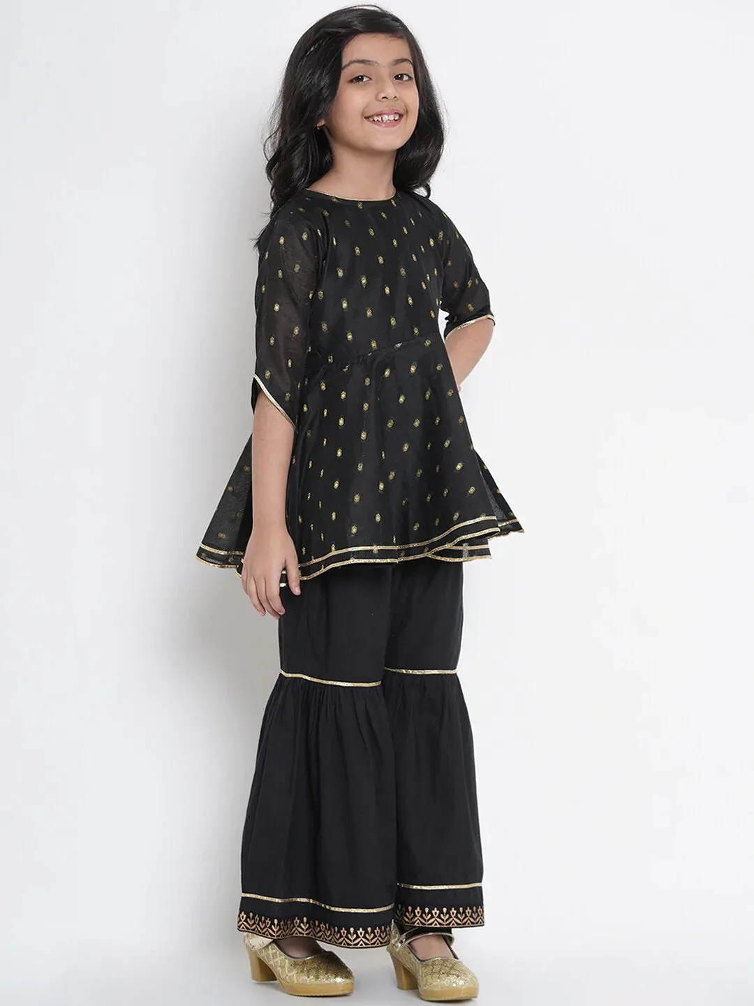 Girls Black & Gold-Coloured Woven Design Kurta With Sharara