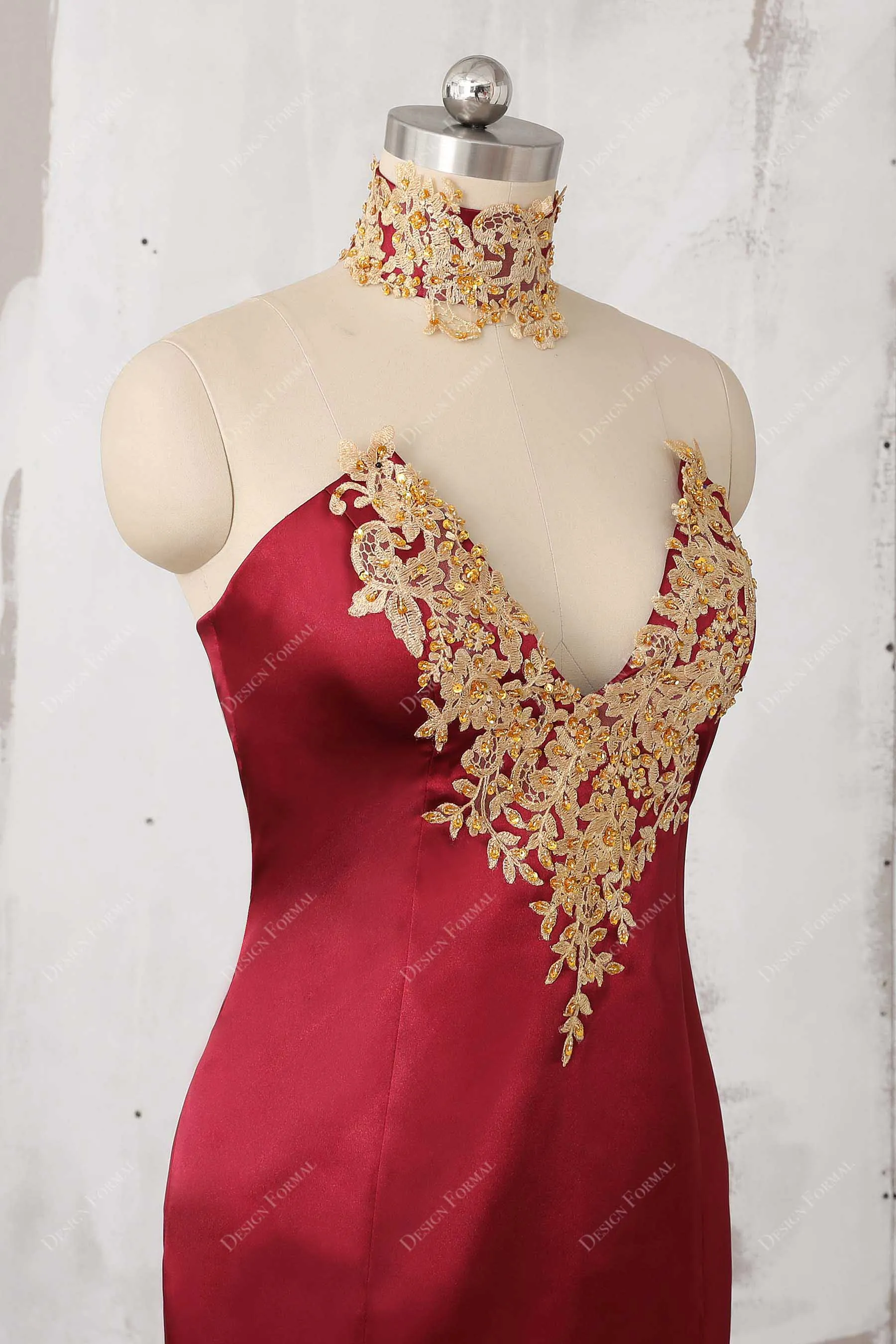 Gold Lace Burgundy Satin Choker Mermaid Dress