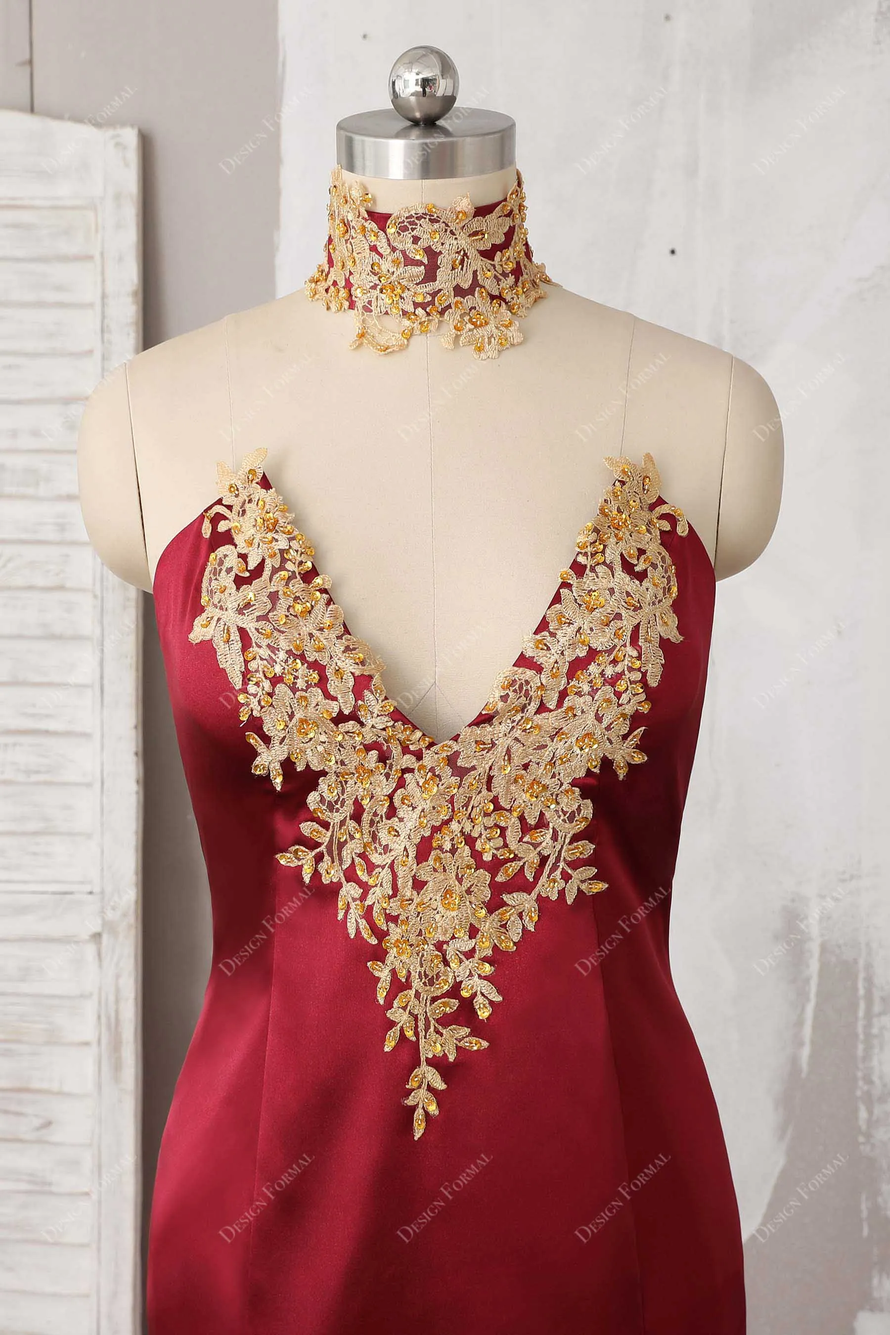 Gold Lace Burgundy Satin Choker Mermaid Dress