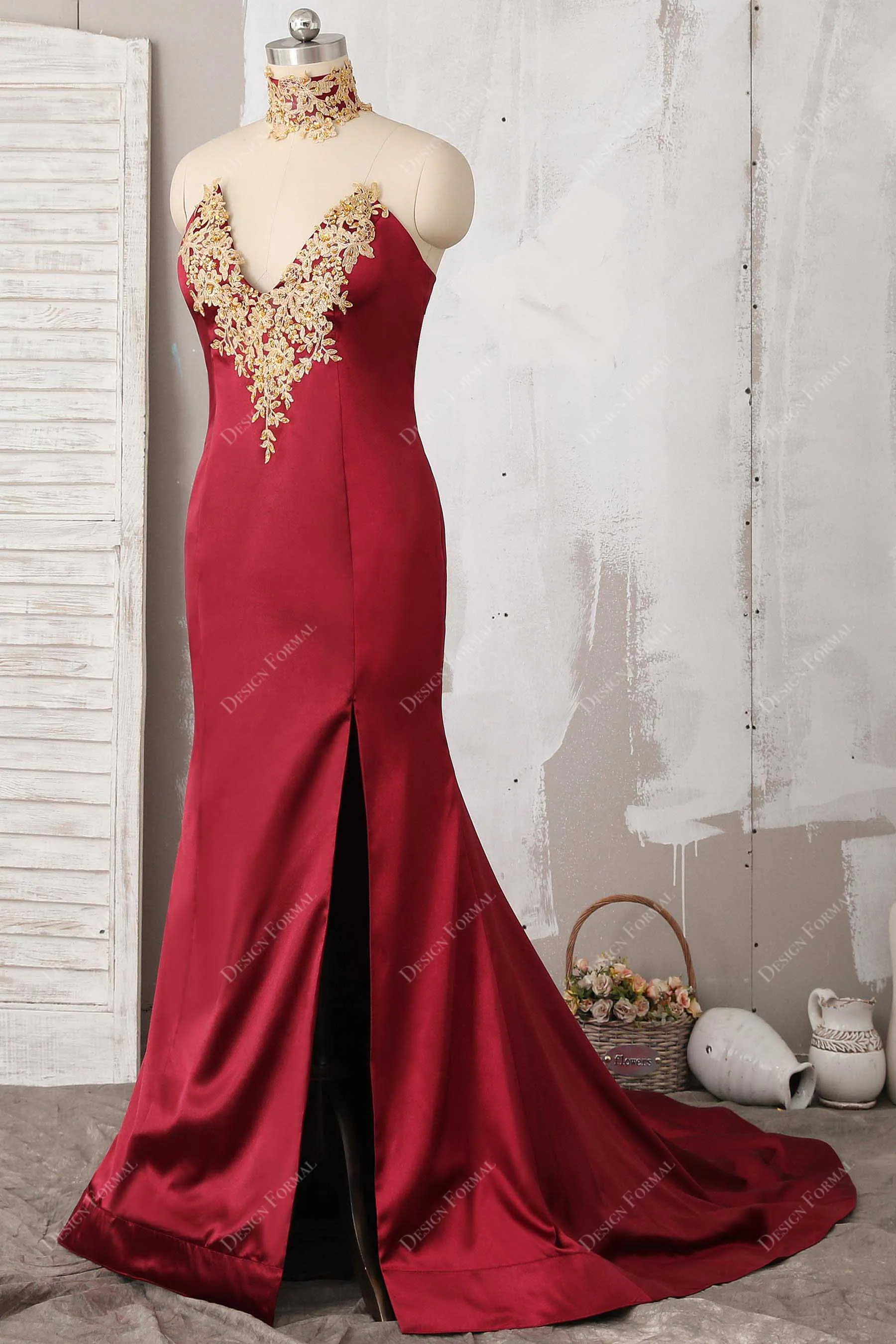 Gold Lace Burgundy Satin Choker Mermaid Dress