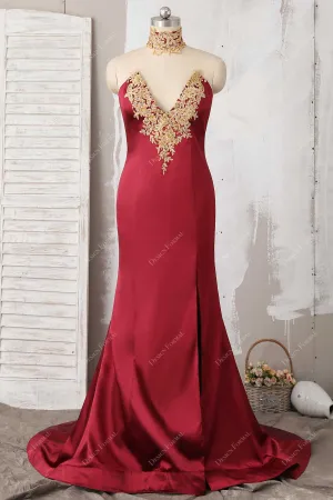 Gold Lace Burgundy Satin Choker Mermaid Dress