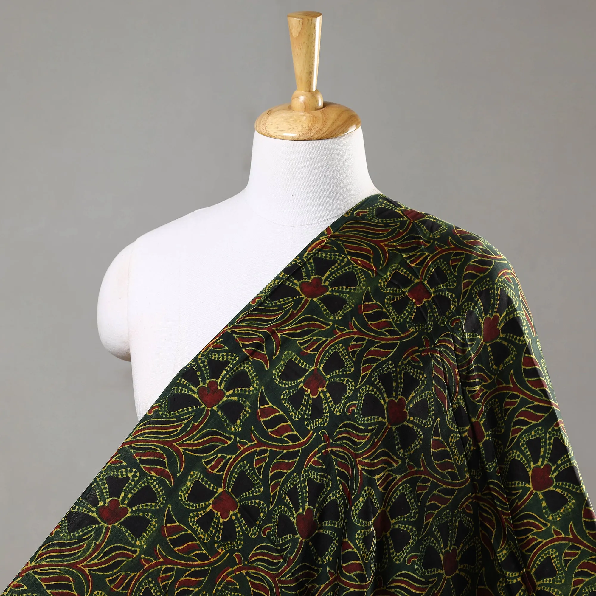 Green Flora Ajrakh Hand Block Printed Modal Silk Fabric