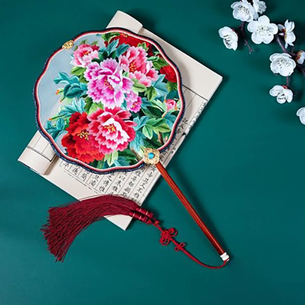 Handmade Double Side Embroidered Suzhou Embroidery Blooming Peony Flower Chinese Handheld Decorative Fan Chinese Art