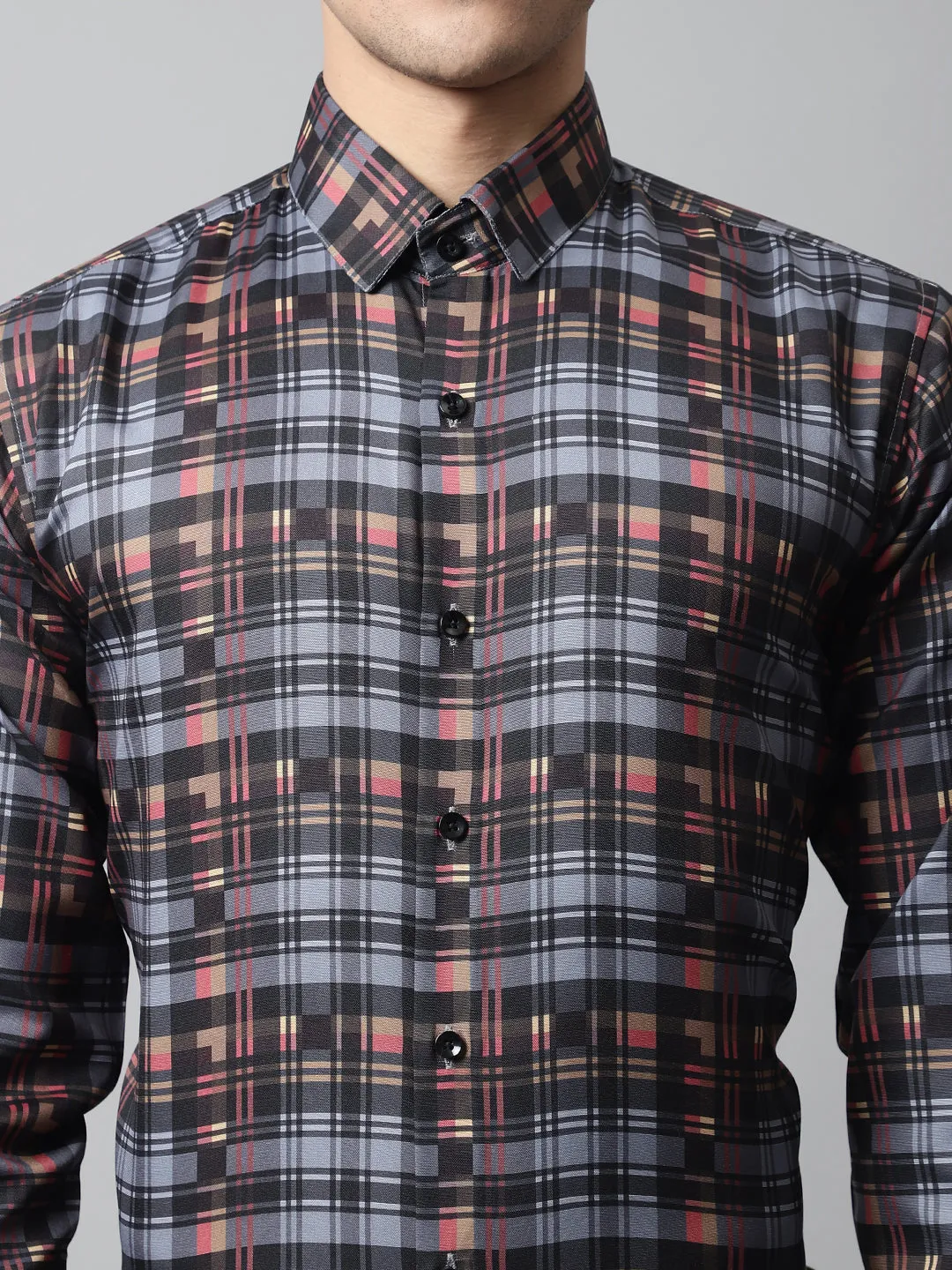 Men Grey Checks Regular Fit Cotton Formal Shirt